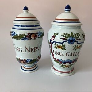Vintage Delft set of two Ceramic Apothecary Jars with lids